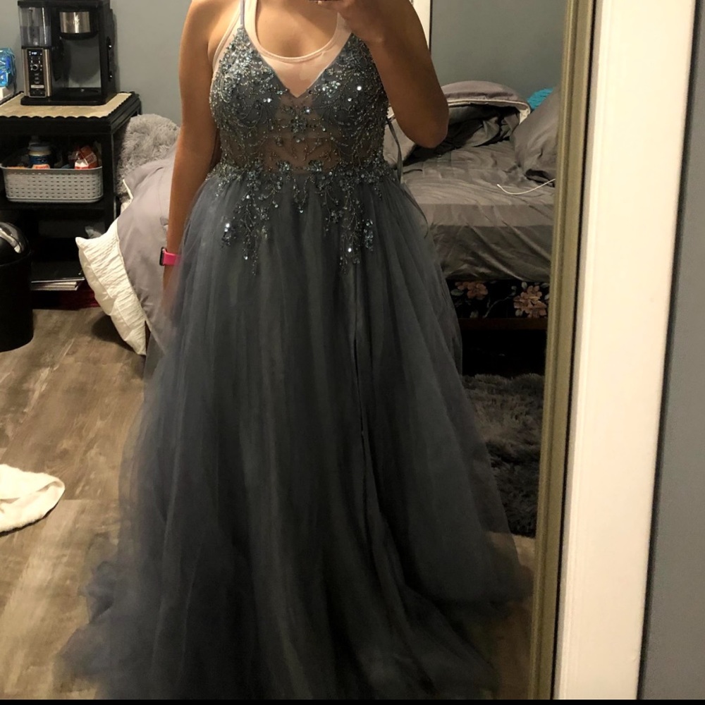 dusty blue prom dress
